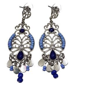 Silver Filigree Blue Bead Teardrop Chandelier Post Earrings Silver Tone Vintage